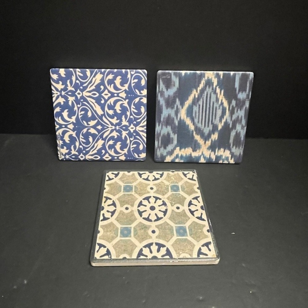 Set‎ of 3 Ceramic Tile Coasters Blue Ikat Damask Mediterranean Cork Back 4x4